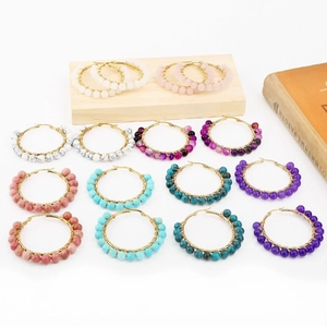 Bohemian Hoop Earrings Stainless Steel Wire Wrapped Natural Stone Amethyst Agate Round Circle Handcrafted Jewelry Women