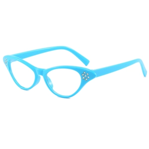 Sky blue cat-eye glasses frame with rhinestones shown from a 45-degree angle view