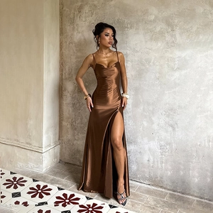 Elegant bronze brown satin evening dress with cowl neck and side slit for women