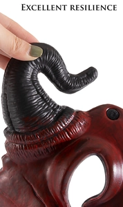 Close-up of flexible red and black demon mask showing excellent material resilience