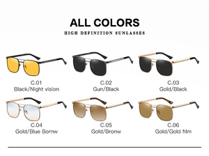 Matrix display of fashion square sunglasses in various lens colors and metal frames