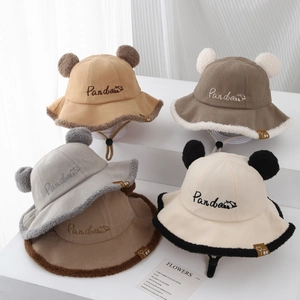 Winter baby panda bucket hat in five colors with plush trim and windproof cord