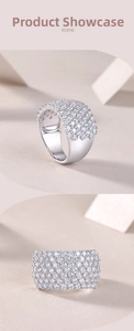 Detailed macro view showing multi-row pavé set moissanite on a 925 silver wide ring