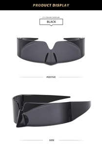 Detailed front and side views of black futuristic wrap-around cyber sunglasses