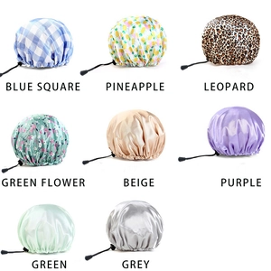 Collage of adjustable waterproof satin shower caps in multiple colors and patterns