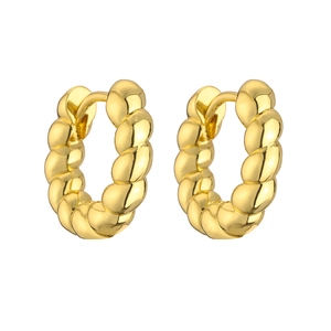 Detailed close-up of gold-plated twisted hoop earrings with a chunky braided texture finish