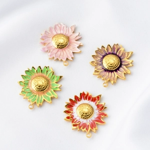 Colorful sunflower enamel pendant charms in pink, purple, green, and red for DIY jewelry