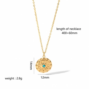 Detailed view of 18k gold necklace with blue stone pendant and size dimensions