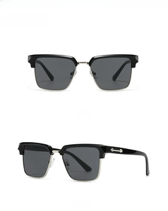 Detailed front and side views of semi-rimless square black sunglasses with silver accents