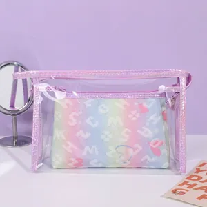 Detail of purple transparent PVC makeup bag with dimensions 24x7x16cm and mesh insert