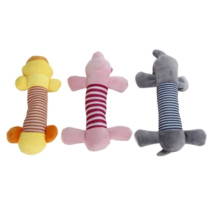 Three colorful plush squeaky dog toys in yellow, pink, and grey with striped texture