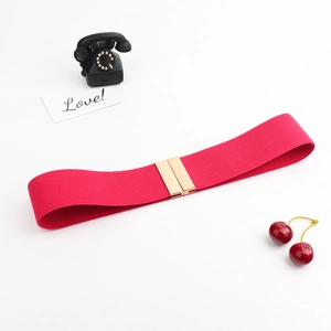 Detail of red wide elastic belt with shiny gold rectangular buckle for women dresses