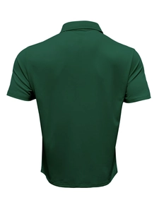 Detail view of the back of a dark green short-sleeved polo shirt with breathable fabric