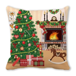 Square Christmas tree pillowcase with festive holiday fireplace and gift illustration