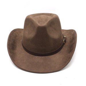 Detail of western cowboy hat featuring dark brown suede texture and leather belt buckle