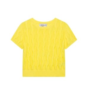 Women Casual Short Sleeve Round Neck Knit Sweater Top Yellow Solid Color Cable Knit Distressed Pullover Fashion Soft Top
