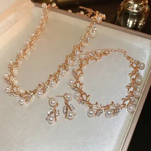 Golden Alloy Imitation Artificial Pearl Rhinestone Necklace And Earrings Leaf Vine Design Elegant Jewelry For Women