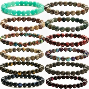 Natural Stone Beaded Bracelet Agate Tiger Eye Volcanic Rock Elastic Rope Handmade Unisex Jewelry Ethnic Boho Style