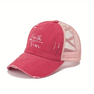 Faded rose red Faith Over Fear distressed mesh baseball cap with vintage finish