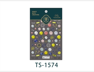 Detail showing TS-1574 cartoon smiley face 3D nail stickers with hearts and stars
