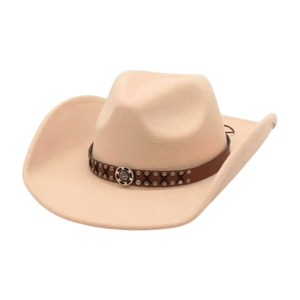 Chapeau de cowboy classique en feutre de laine beige avec ruban orné et bord relevé élégant
