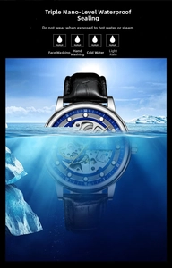 Detail of skeleton mechanical watch submerged in water showing 30M waterproof rating