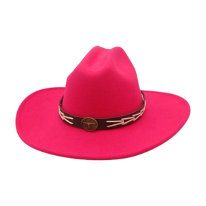 Fuchsia pink western cowboy hat with a cattle skull buckle and wide wool felt brim