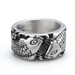 Vintage Koi Fish Relief Ring 316L Stainless Steel 3D Carved Wide Band Retro Style Jewelry For Men Women Silver Tone