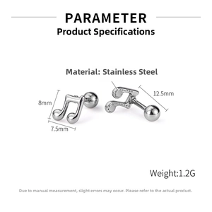Technical dimensions of silver musical note stainless steel stud earrings weighing 1.2g
