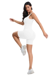 White seamless yoga bodysuit with U-neck and ribbed shorts for athletic fitness wear