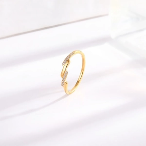 Elegant gold titanium steel ring with diagonal pavé zircon inlay on white background