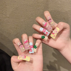 Handmade duckbill press-on nails with 3D resin cartoon frog and heart decorations