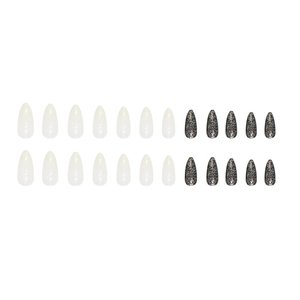 24pcs almond false nails set with pearlescent white and holographic black glitter finish