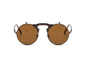 Close-up of vintage steampunk flip-up sunglasses with round lenses and metal frame