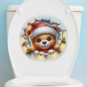 Christmas tree and teddy bear toilet lid sticker for festive bathroom glass window decoration