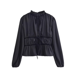Black Polyester Blouse Ruffle Stand Collar Velvet Bow Tie Elastic Waist Long Lantern Sleeve Retro French Top Women