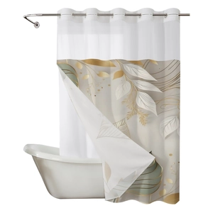 Wasserdichter Duschvorhang mit eleganten goldfarbenen und graugrünen Blattmustern auf Stoff