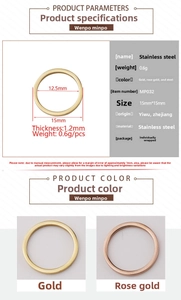 Dimensions détaillées du pendentif rond 15mm en acier inoxydable or, rose et argent