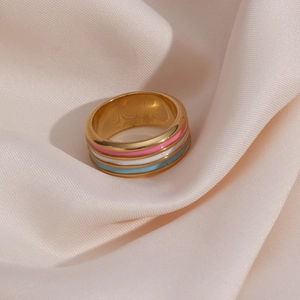 Detail of 18K gold plated stainless steel ring with pink, white and blue enamel stripes