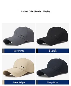 Detailed view of four baseball caps in grey, black, beige, and navy with side embroidery