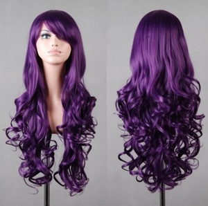 Front and back view of 80cm purple wavy cosplay wig with bangs on a mannequin head