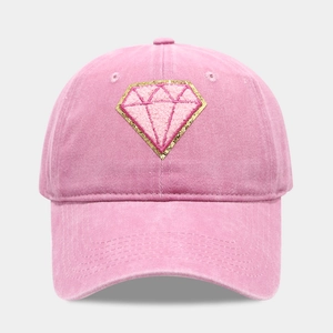 Vintage washed pink baseball cap with sparkling sequined diamond patch and soft cotton crown