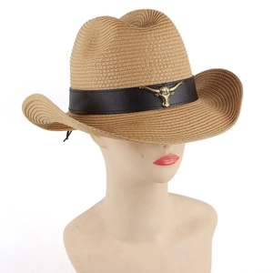 Light brown western cowboy straw hat with vintage metal longhorn and leather band