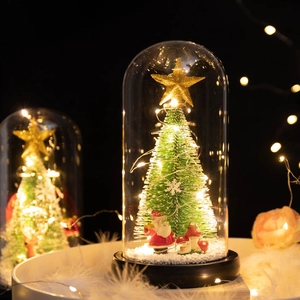 Close-up of a miniature Christmas tree with LED lights and Santa in a glass dome
