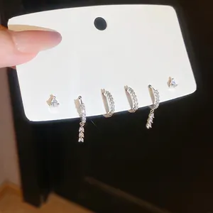 6-piece silver S925 earrings set with sparkling zircon triangles and hoop pendants