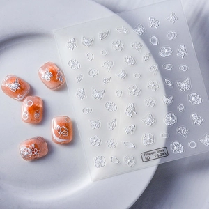 White 5D floral and butterfly embossed nail art stickers with TS-243 relief design
