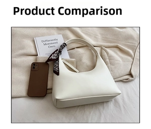 Flat lay of a white half-moon shoulder bag with geometric silk scarf and phone accessory