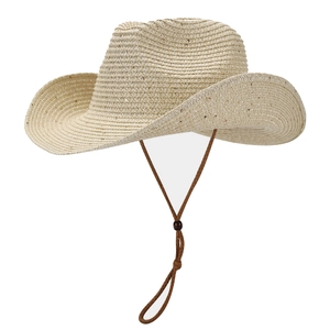 Panama straw cowboy hat with sequins and windproof cord for beach sun protection
