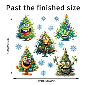 Detail showing various smiling cartoon Christmas tree wall stickers with dimensions