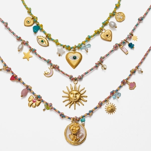 Boho Layered Necklace Stainless Steel 18K Gold Plated Freshwater Pearl Natural Stone Sun Moon Star Charms Braided Jewelry